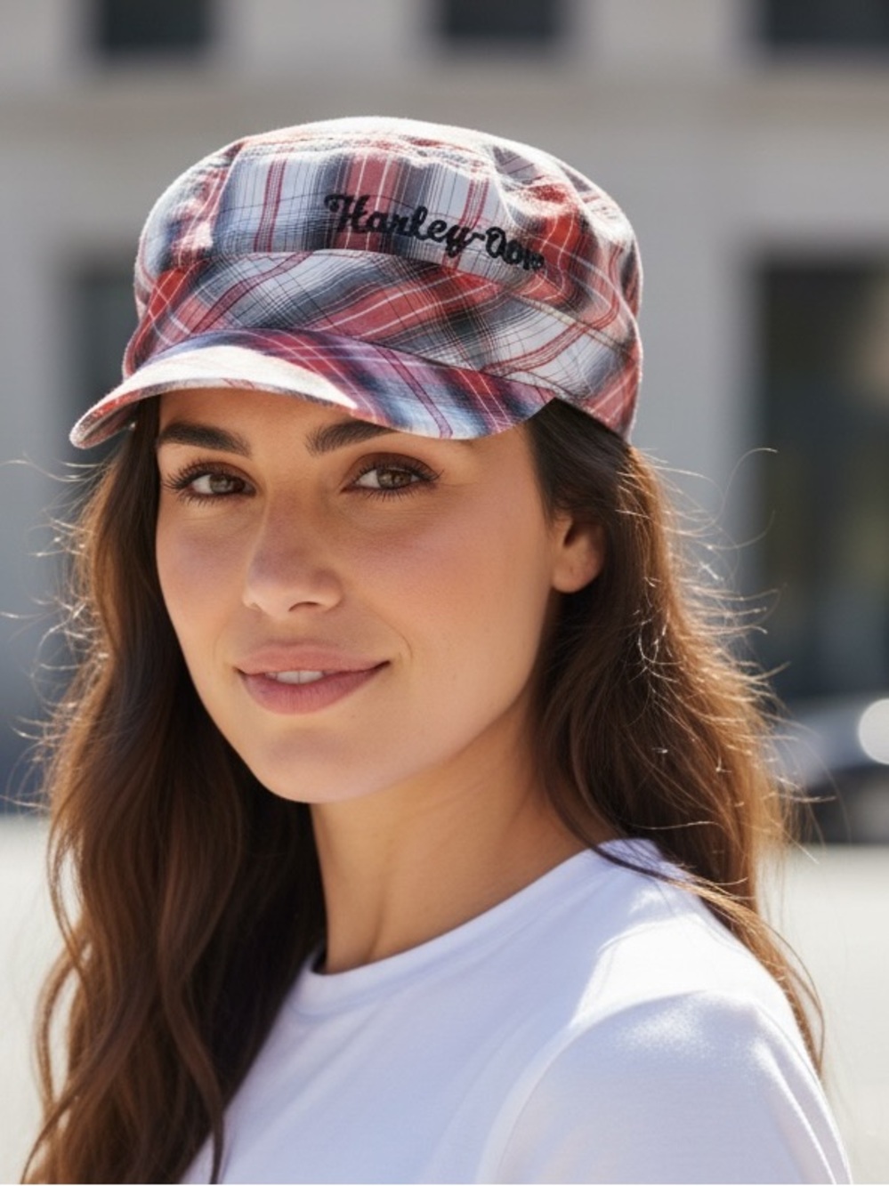 Harley-Davidson Womens Orange Plaid Cadet Cap with Script Logo